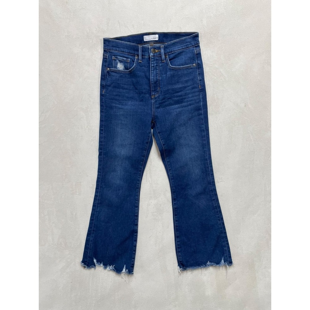 Loft The Kick Crop Jeans High Rise Raw Hem Dark Wash Blue Denim Size 28 6
